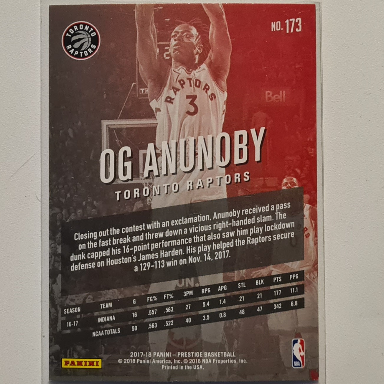 OG Anunoby 2017-18 Panini Prestige Rookie RC #173 NBA Basketball Toronto Raptors Excellent