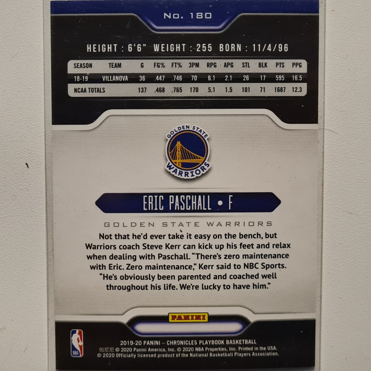 Eric Paschall 2019-20 Panini Playbook Rookie RC #180 NBA Basketball Golden State Warriors Excellent sleeved