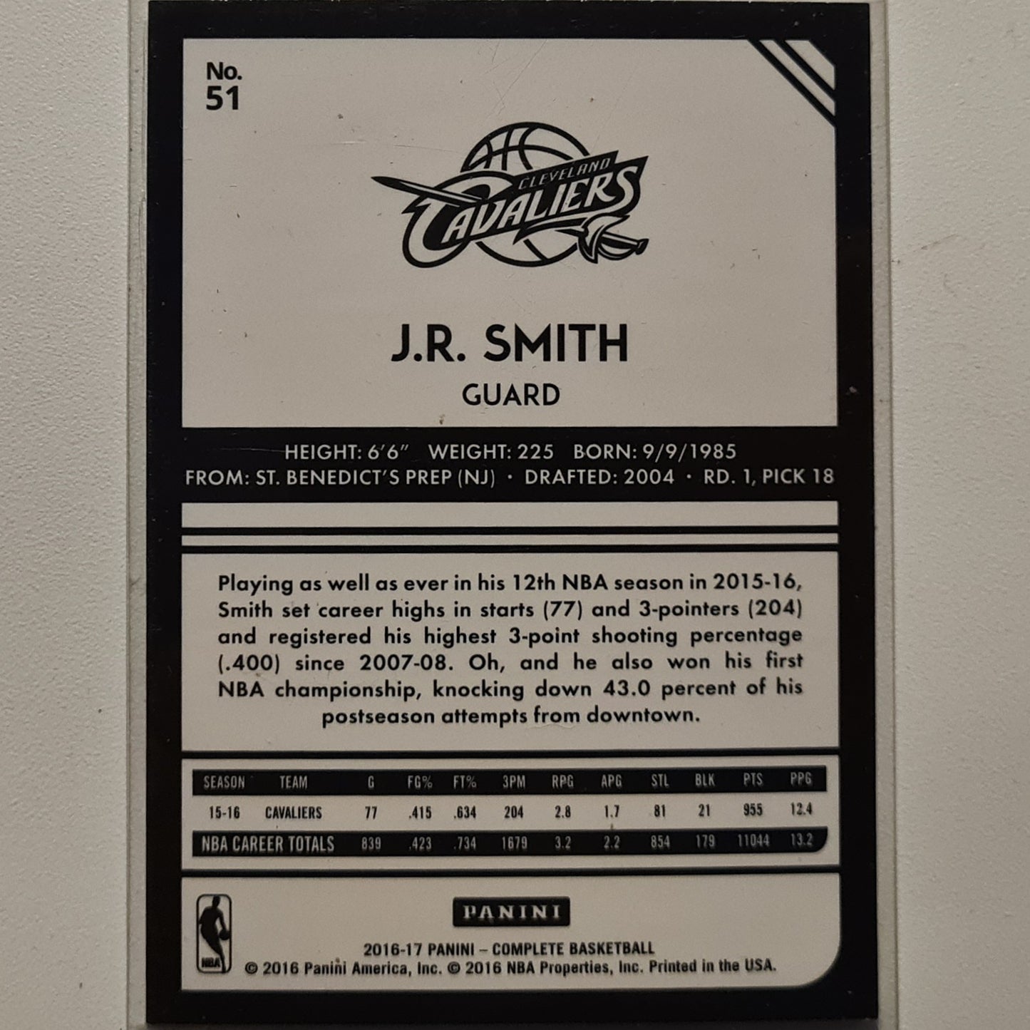 J.R. Smith 2016-17 Panini Complete #51 NBA Basketball Cleveland Cavaliers Excellent