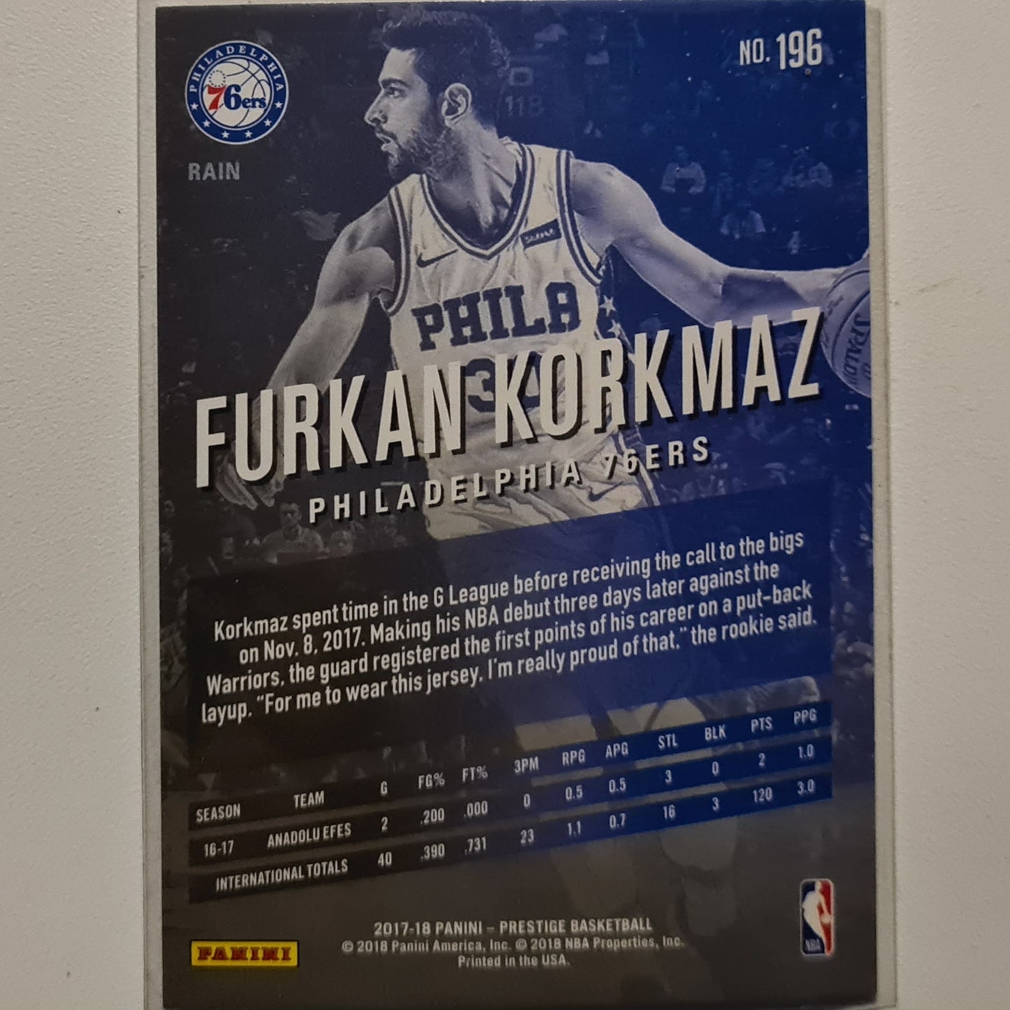 Furkan Korkmaz 2017-18 Panini Prestige stars of the NBA Rookie RC Rain variant #196 NBA Basketball Philadelphia 76ers Excellent