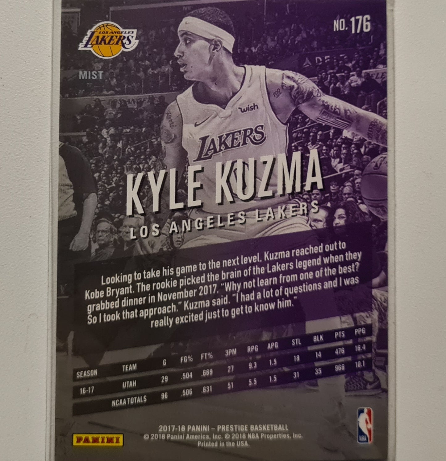 Kyle Kuzma 2017-18 Panini Prestige Rookie RC Mist variant #176 NBA Basketball LA Lakers Excellent