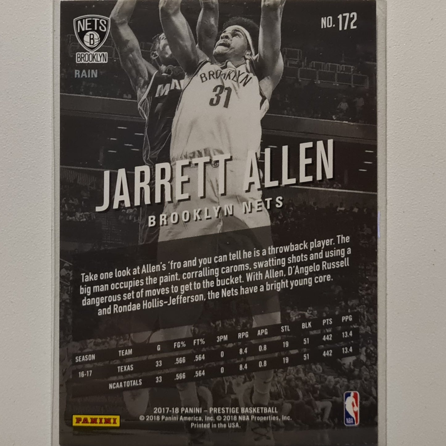Jarrett Allen 2017-18 Panini Prestige Rookie RC rain variant #172 NBA Basketball Brooklyn Nets Excellent