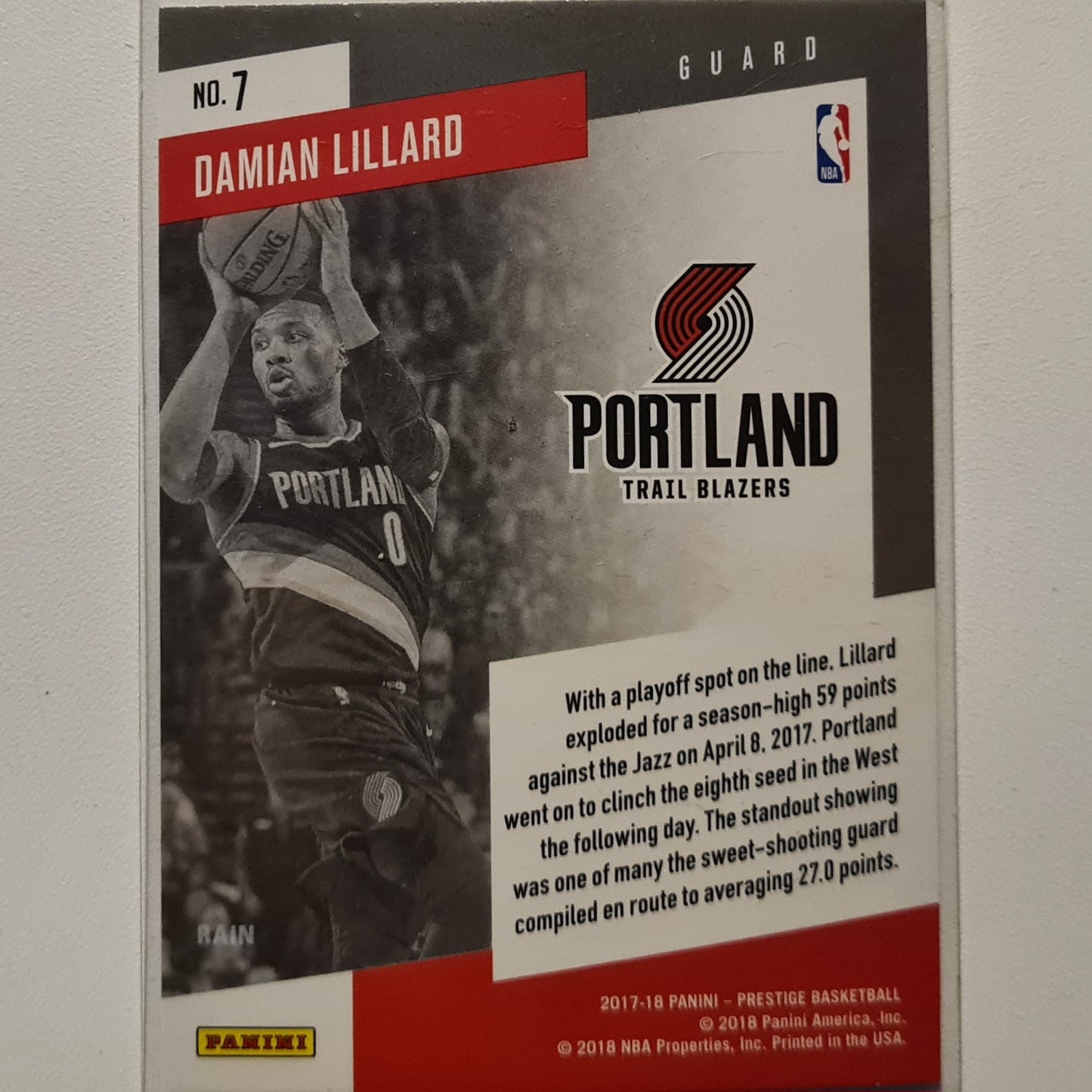 Damien Lillard 2017-18 Panini Prestige stat stars Rain variant #7 NBA Basketball Portland Trail Blazers Excellent sleeved
