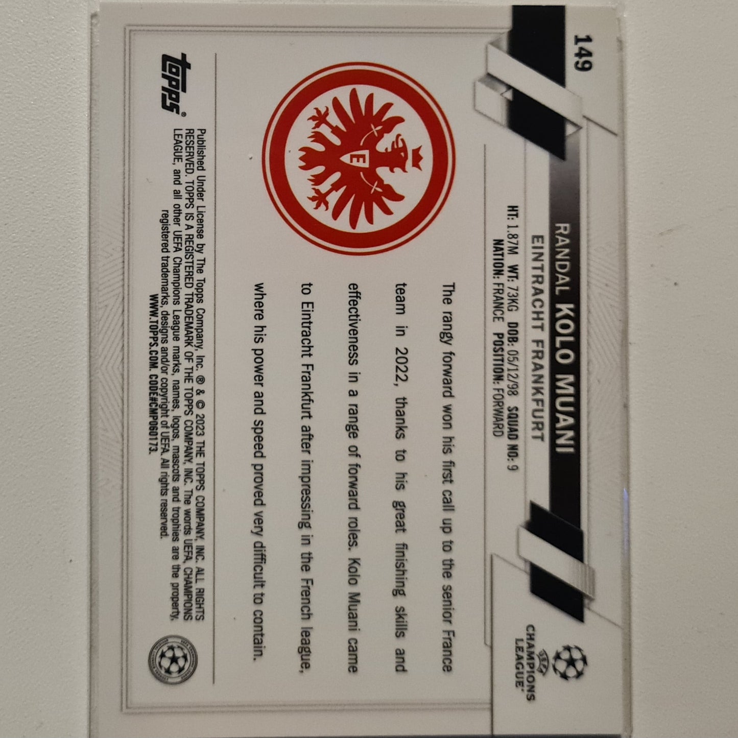 Randal Kolo Muani 2023 Topps Chrome Champions League Rookie RC refractor #149 Soccer football Eintracht Frankfurt Mint sleeved