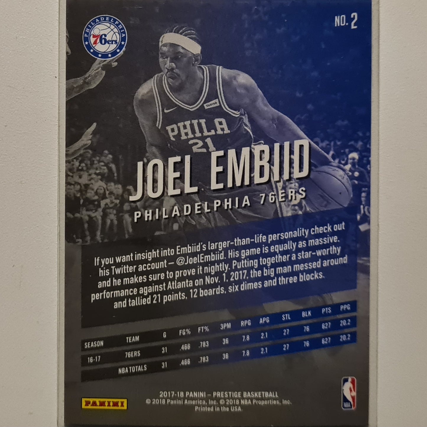 Joel Embiid 2017-18 Panini Prestige #2 NBA Basketball Philadelphia 76ers Excellent sleeved