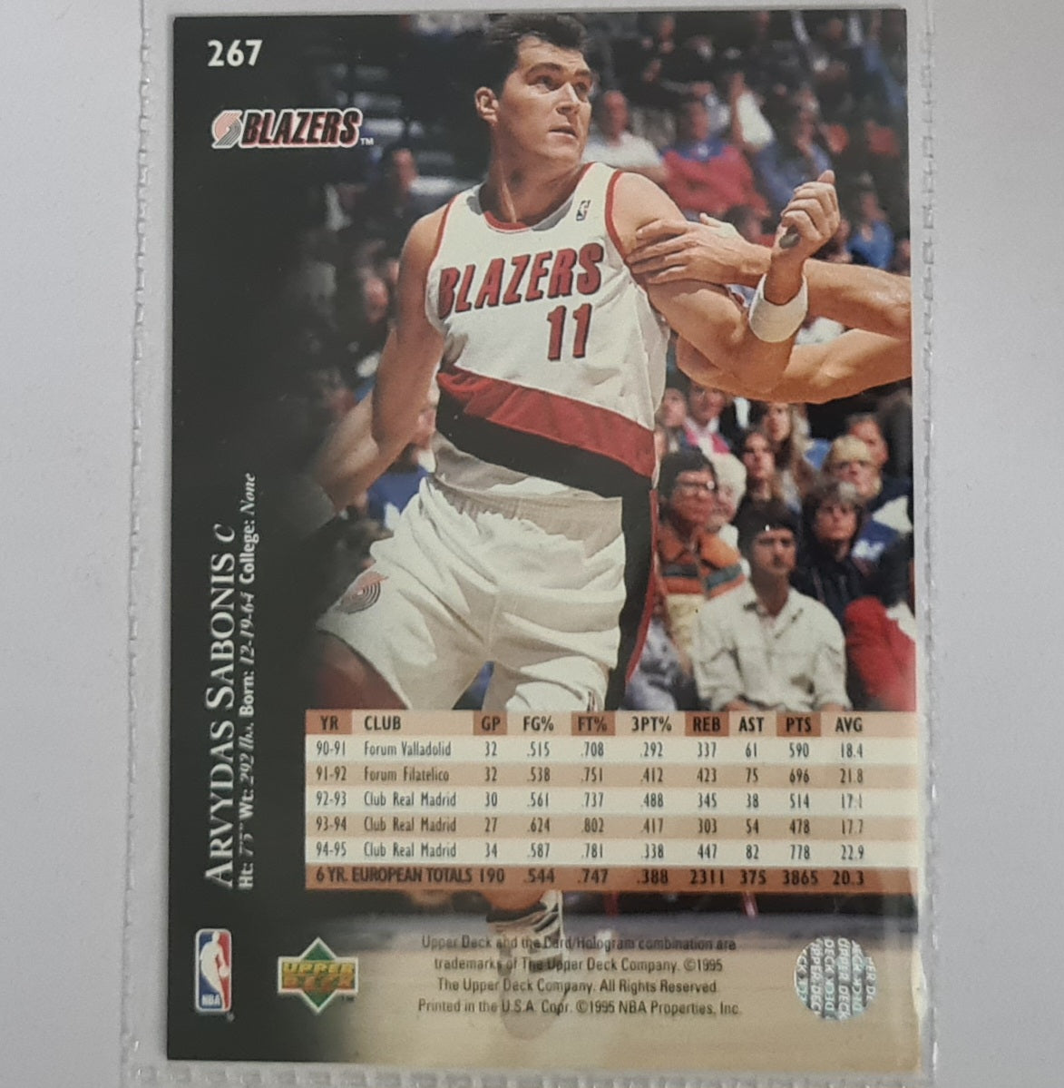 Arvydas Sabonis 1995 Upper-Deck Rookie RC #267 NBA Basketball Toronto Blazers Excellent