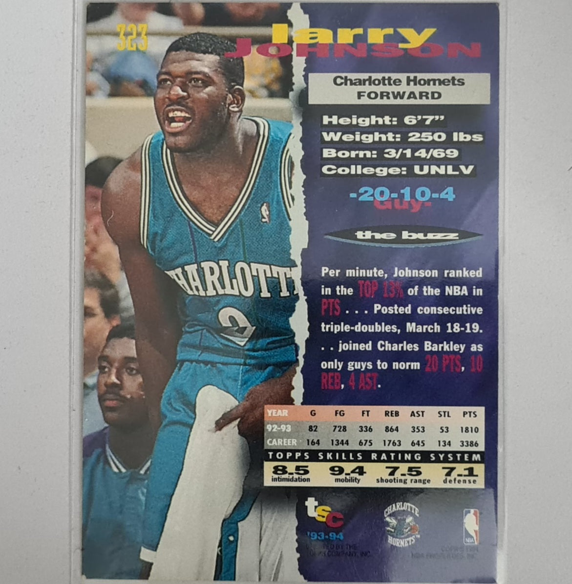 Larry Johnson 1993 Topps stadium club #323 NBA Basketball Charlotte Hornets Very good