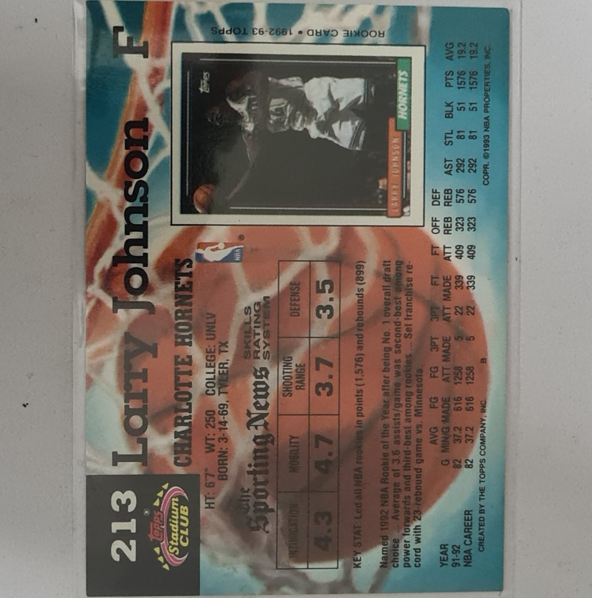 Larry Johnson 1993 Topps stadium club #213 NBA Basketball Charlotte Hornets Very good