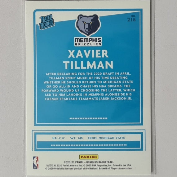 Xavier Tillman 2020-21 Panini Donruss Rated Rookie RC #218 NBA Basketball Memphis Grizzlies Excellent mint sleeved
