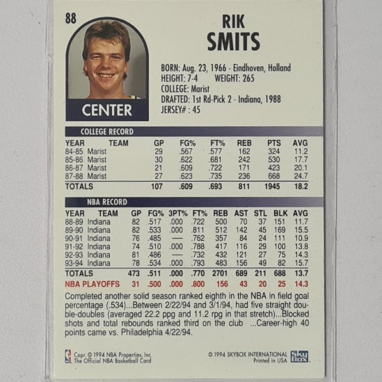 Rik Smits 1994 Skybox NBA Hoops #88 NBA Basketball Indiana Pacers very good