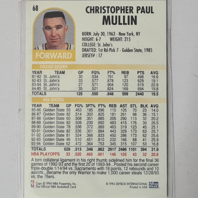 Chris Mullin 1994 Skybox NBA Hoops #68 NBA Basketball Golden State Warriors Excellent