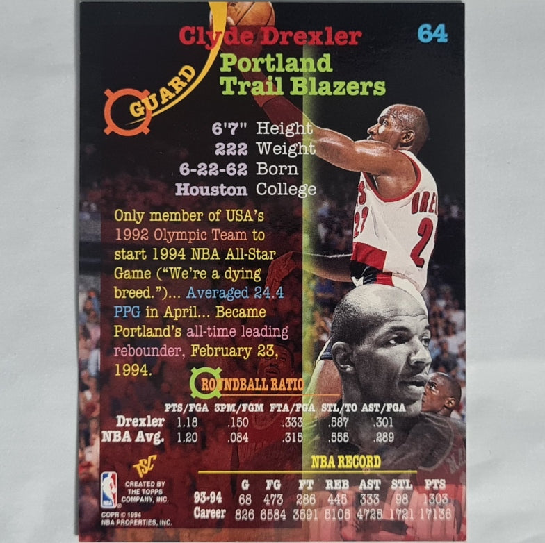Clyde Drexler 1994 Topps Stadium club #64 NBA Basketball Portland Trailblazers excellent