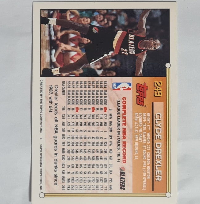 Clyde Drexler 1994 Topps #249 NBA Basketball Portland Trailblazers Excellent