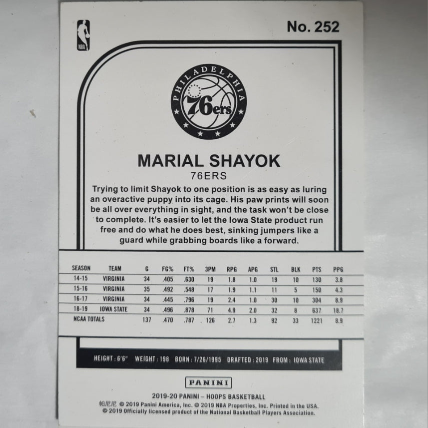 Marial Shayok 2019-20 Panini NBA Hoops Rookie RC #252 NBA Basketball Philadelphia 76ers Excellent