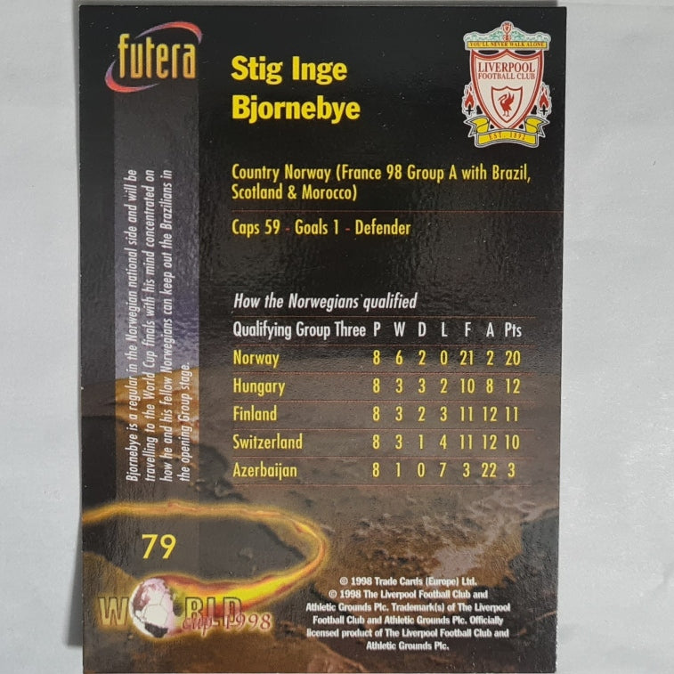 Stig Inge Bjornebye 1998 Futera World Cups #79 football Soccer card Liverpool Excellent