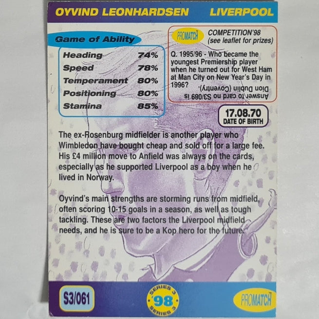 Oyvind Leonhardsen 1998 promatch soccer card S3 061 #61 Football Liverpool good +
