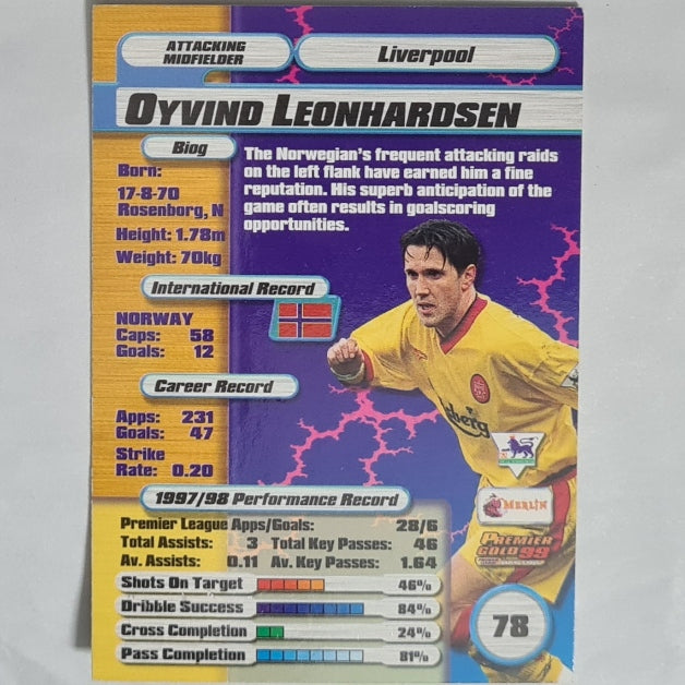 Oyvind Leonhardsen 1999 Merlin Premier Gold 99 soccer card #78 Football Liverpool Excellent