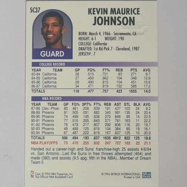 Kevin Johnson 1994 Skybox NBA Hoops supreme court SC37 NBA Basketball Phoenix Suns Excellent sleeved
