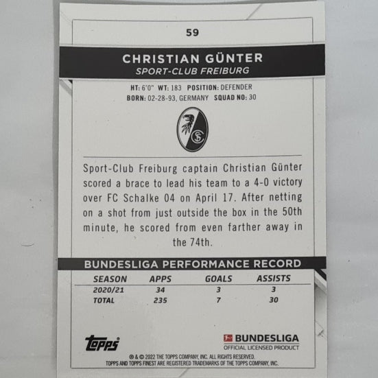 Christian Gunter 2022 Topps Finest Bundesliga #59 Soccer Football Freiburg Excellent Sleeved