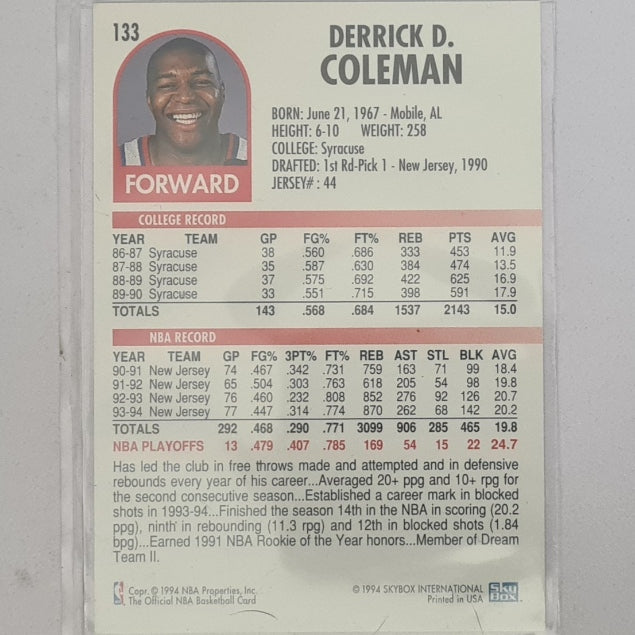 Derrick Coleman 1994 Skybox NBA Hoops #133 NBA Basketball New Jersey Nets Excellent Sleeved