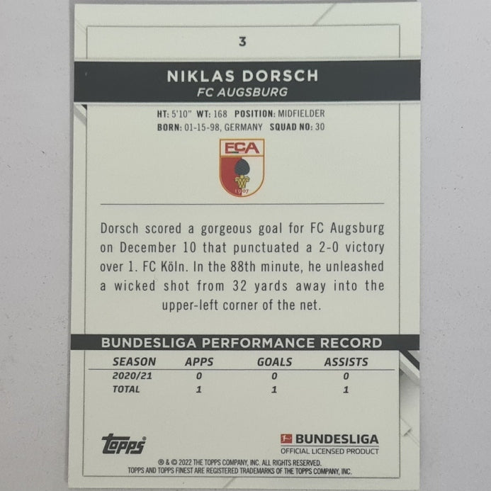 Niklas Dorsch 2022 Topps Finest Bundesliga Rookie RC #3 Soccer Football Augsburg EX-MINT