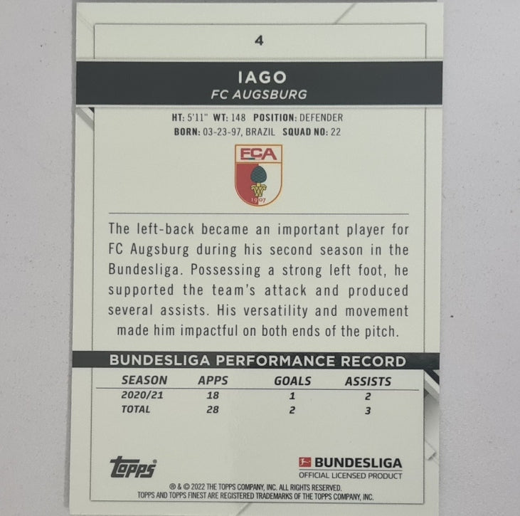 Iago 2022 Topps Finest Bundesliga #4 Soccer Football Augsburg EX-MINT