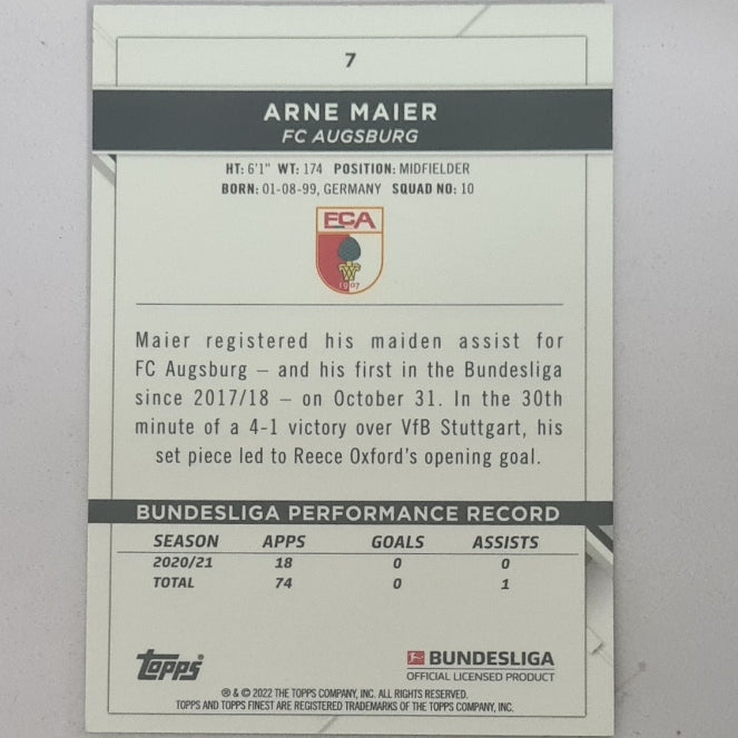 Arne Maier 2022 Topps Finest Bundesliga Rookie RC #7 Soccer Football Augsburg EX-MINT