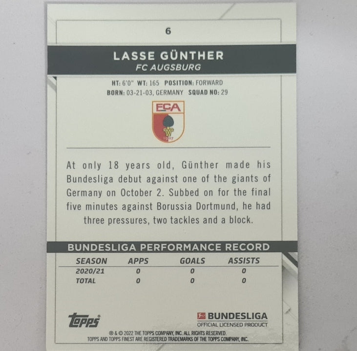 Lasse Gunther 2022 Topps Finest Bundesliga Rookie RC #6 Soccer Football Augsburg EX-MINT
