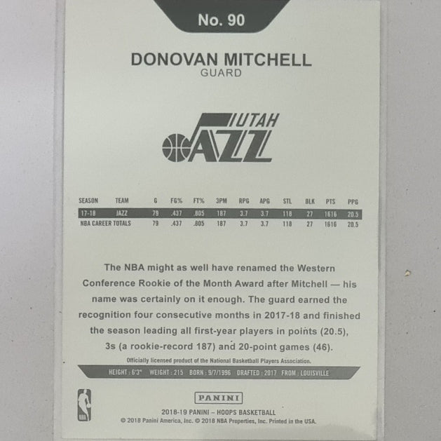 Donovan Mitchell 2018-19 Panini NBA hoops #90 NBA Basketball Utah Jazz Excellent/mint sleeved