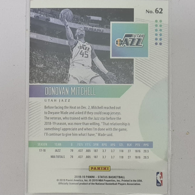 Donovan Mitchell 2018-19 Panini Status #62 NBA Basketball Utah Jazz Excellent/mint sleeved