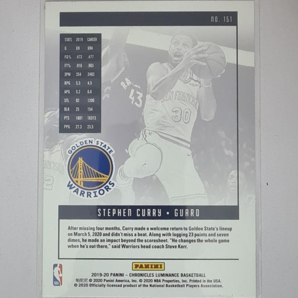 Stephen Curry 2019-20 Panini Chronicles Luminance #151 NBA Basketball Golden State Warriors Excellent/mint sleeved