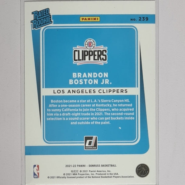 Brandon Boston Jr 2021-22 Panini Donruss Rated Rookie RC #239 NBA Basketball Los Angeles Clippers Ex-mint