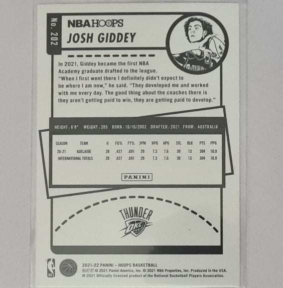 Josh Giddey 2021-22 Panini NBA Hoops Rookie RC #202 NBA Basketball Oklahoma City Thunder Excellent-mint