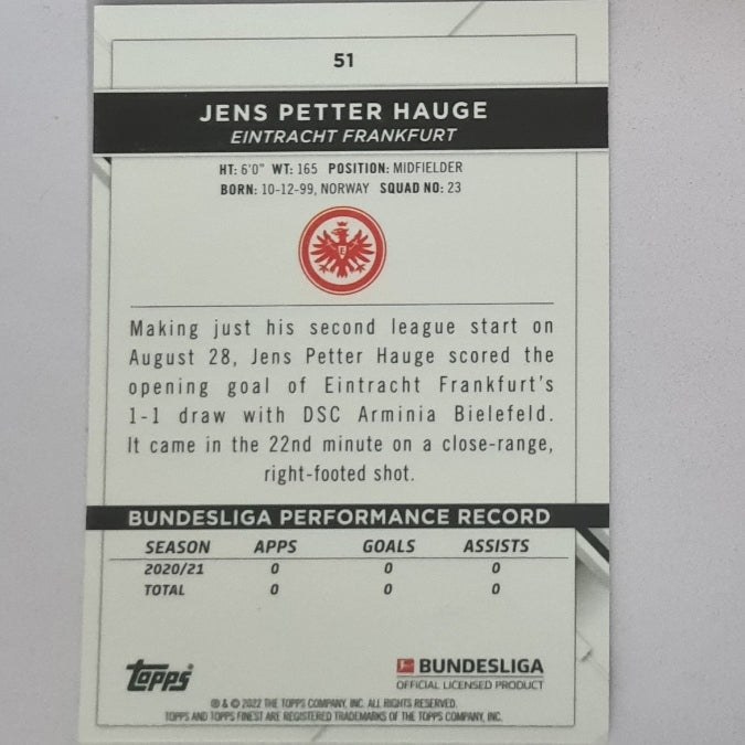 Jens Petter Hauge 2022 Topps Finest Bundesliga #51 Soccer Football Eintracht Frankfurt mint sleeved