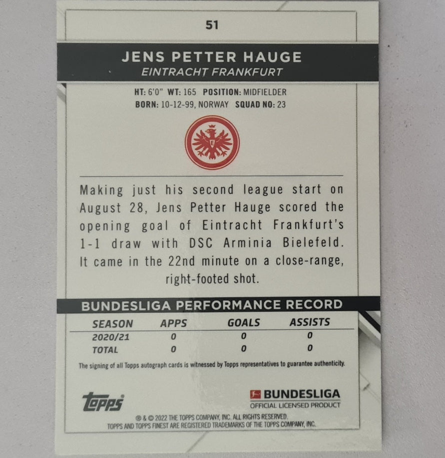 Jens Petter Hauge 2022 Topps Finest Bundesliga Refractor #51 Soccer Football Eintracht Frankfurt mint sleeved