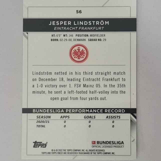 Jesper Lindstrom 2022 Topps Finest Bundesliga #56 Soccer Football Eintracht Frankfurt mint sleeved