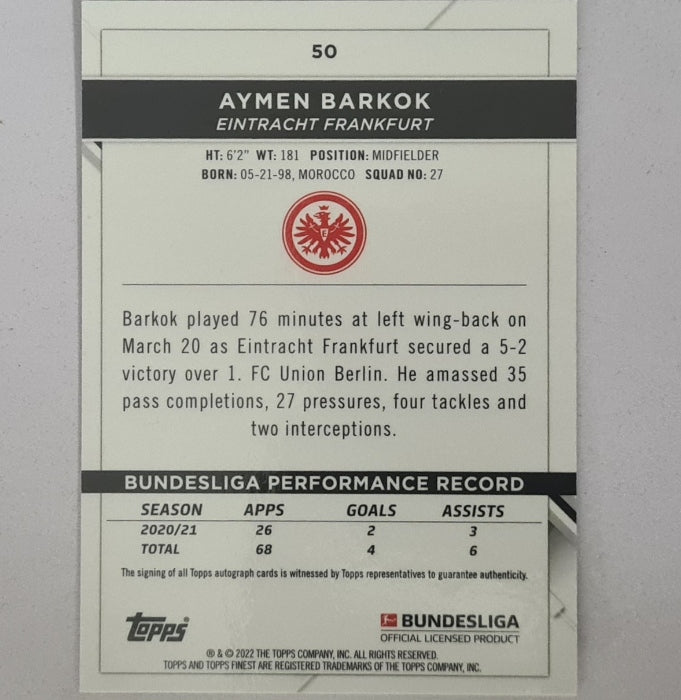 Aymen Barkok 2022 Topps Finest Bundesliga refractor #50 Soccer Football Eintracht Frankfurt mint sleeved