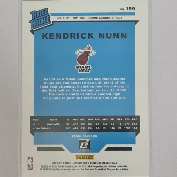 Kendrick Nunn 2019-20 Panini Donruss Rated rookie RC #199 NBA Basketball Miami Heat excellent/mint Sleeved
