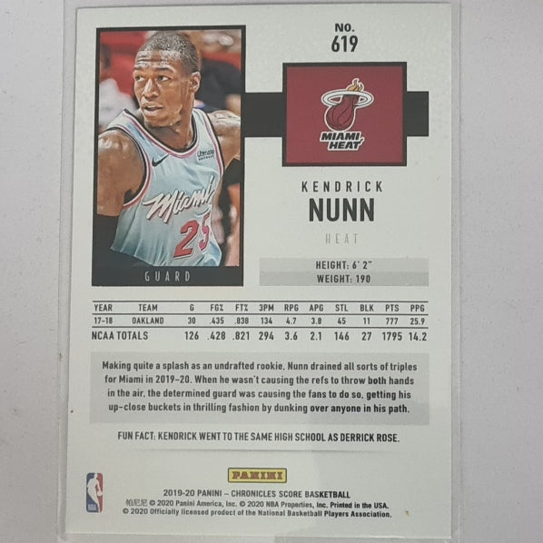 Kendrick Nunn 2019-20 Panini Chronicles Score rookie RC #619 NBA Basketball Miami Heat excellent/mint Sleeved