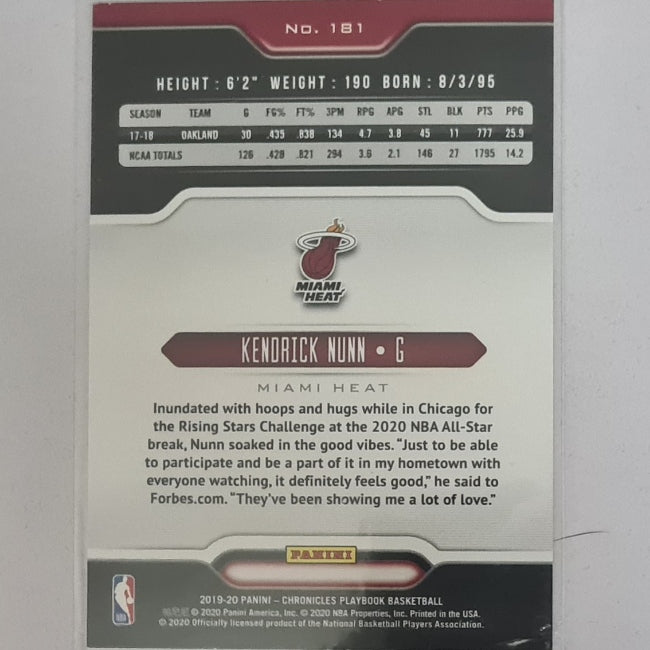 Kendrick Nunn 2019-20 Panini Chronicles Playbook rookie RC #181 NBA Basketball Miami Heat excellent/mint Sleeved