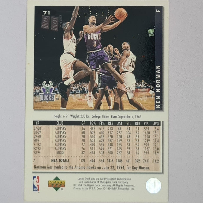 Ken Norman 1994 Upper-Deck silver edge printed auto variant #71 NBA Basketball Milwaukee Bucks Excellent