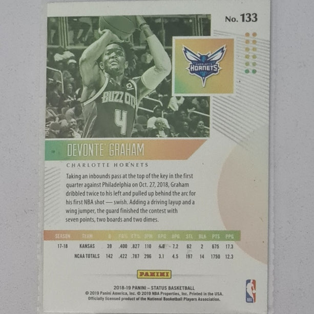 Devonte Graham 2018-19 Panini Status Rookie RC #133 NBA Basketball Charlotte Hornets excellent Sleeved