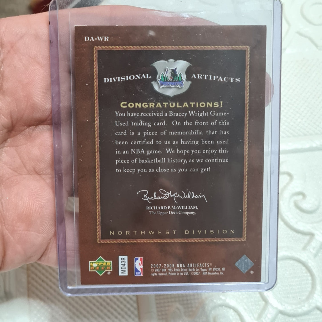 Bracey Wright 2007 Upper-Deck artifacts relic patch DA-WR NBA Basketball Minnesota Timberwolves very good Sleeved
