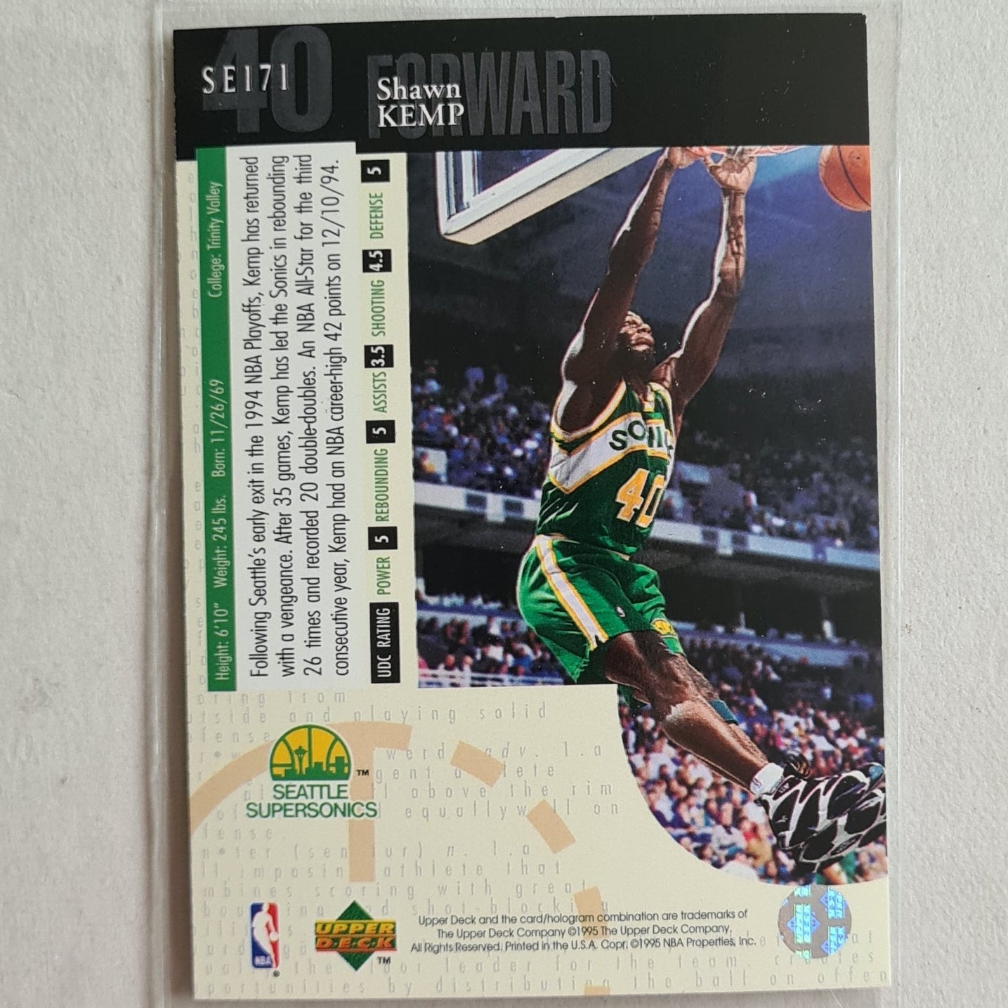 Shawn Kemp 1995 Upper Deck silver edition SE171 NBA Basketball Seattle Super Sonics Excellent Sleeved