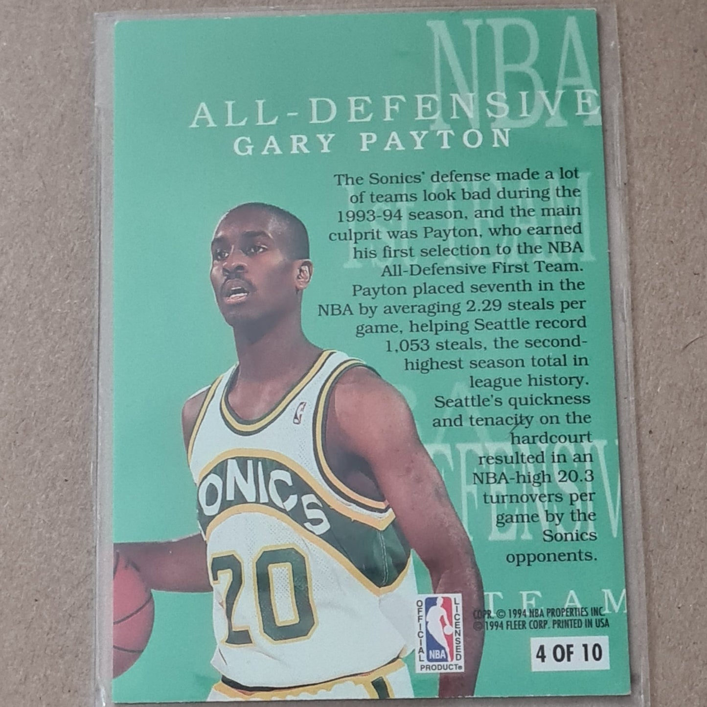 Gary Payton 1994 Fleer 94-95 all defensive 1st team 4 of 10 Seattle Super Sonics excellent Sleeved