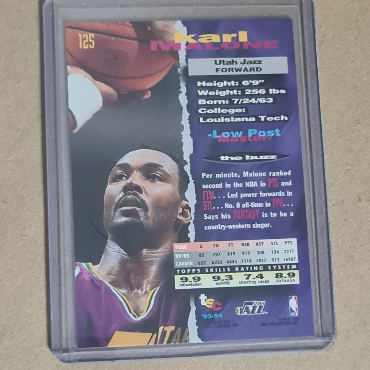 Karl Malone 1993 Topps stadium club #125 NBA Basketball Utah Jazz Excellent sleeved