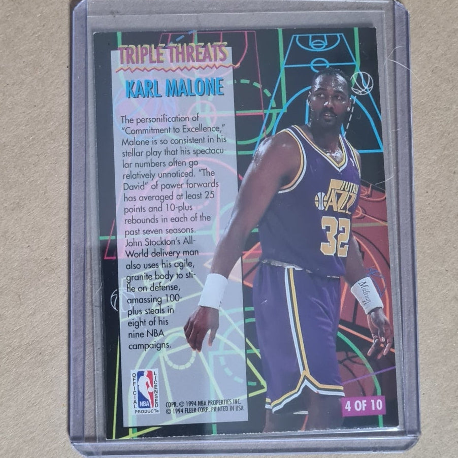 Karl Malone 1994 Fleer 94-95 Triple Threats insert #4 of 10 NBA Basketball Utah Jazz Good sleeved
