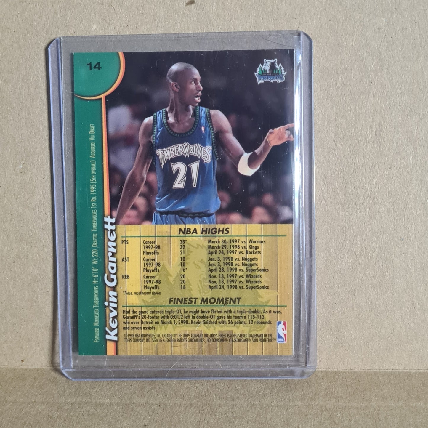 Kevin Garnett Topps Finest 1998 #14 NBA Basketball Minnesota Timberwolves Ex- sleeved
