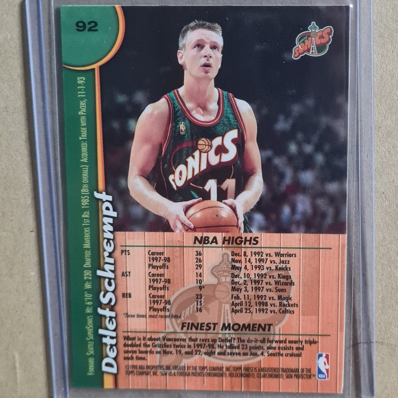 Detlef Schrempf Topps Finest 1998 #92 NBA Basketball Seattle Supersonics Ex- sleeved