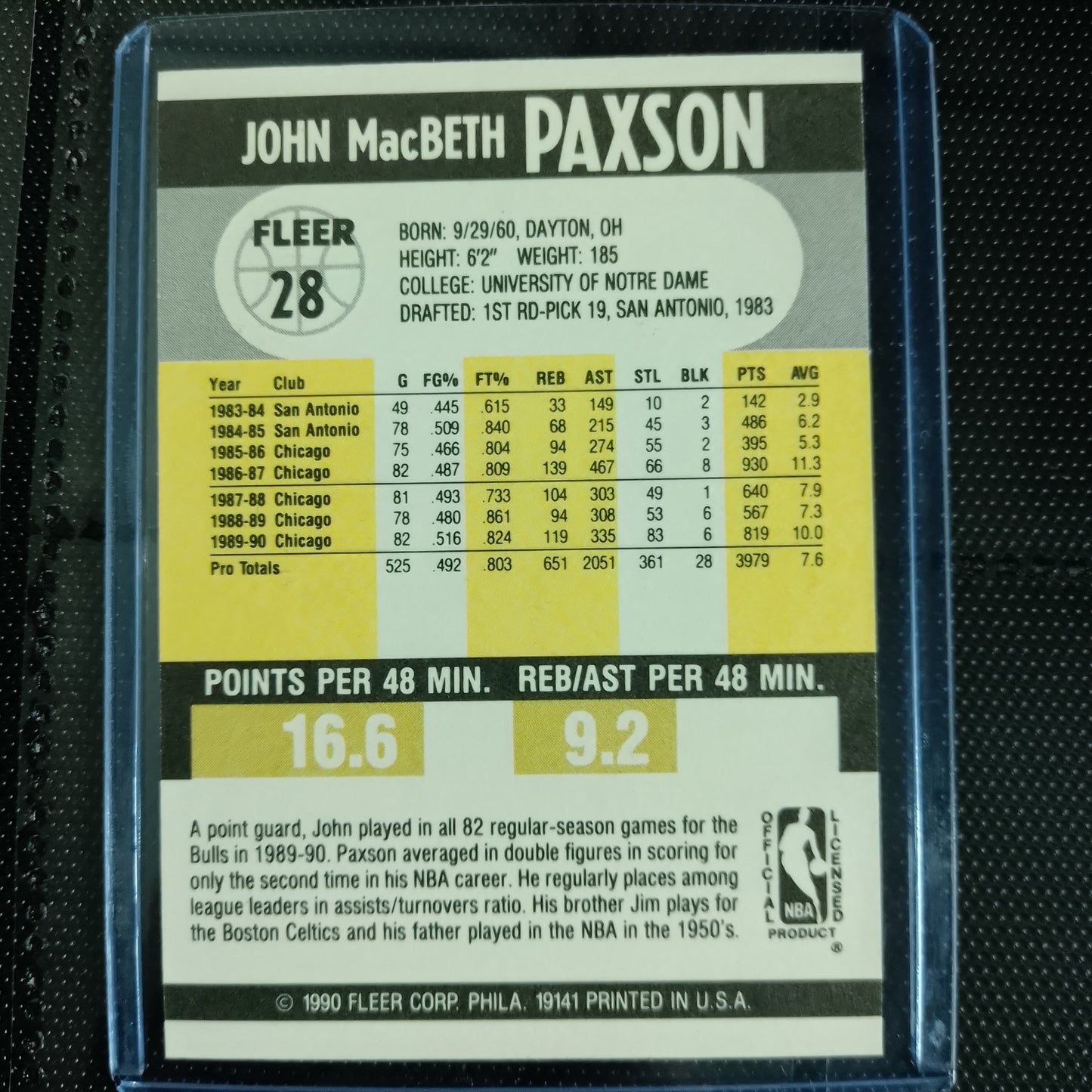 John Paxson 1990 Fleer 90 #28 NBA Basketball Chicago Bulls superb Sleeved